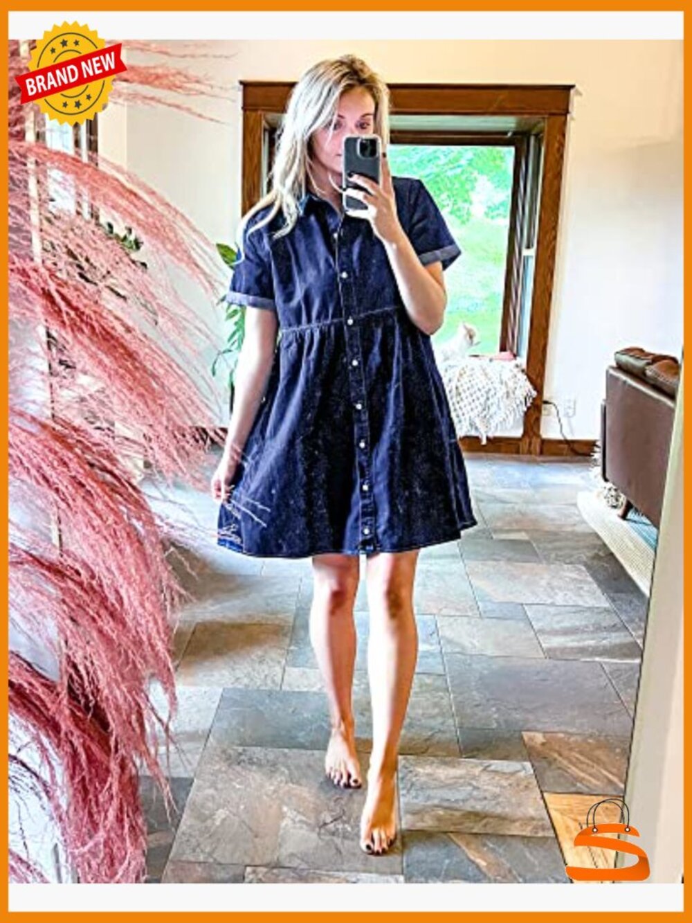 Babydoll Denim Dress Tiered Short Sleeve Button Down Casual Swing Dress - Picture 5 of 7